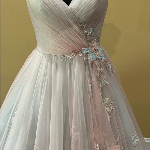 Sherri Hill- Size 10 Aqua Peach floral-appliqued/off-the-shoulder straps. - Picture 5 of 8